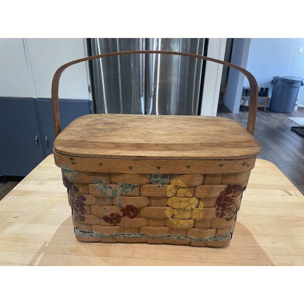 Vtg Basketville Hand Painted Fruit Woven Wood Basket with One Handle/Metal Hinge